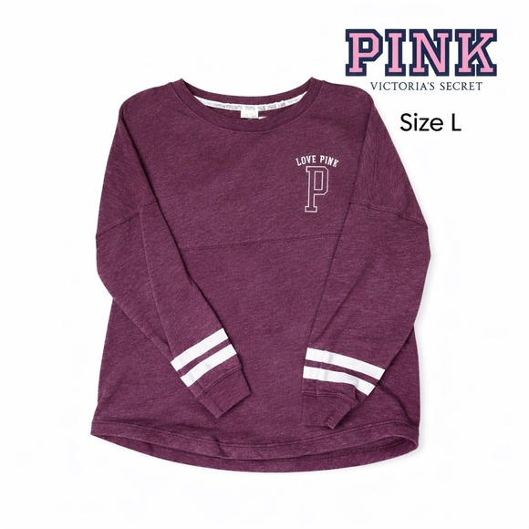PINK Victoria's Secret Tops - Victoria's Secret PINK Love Pink Varsity Long Sleeve Campus Tee Size L Burgundy